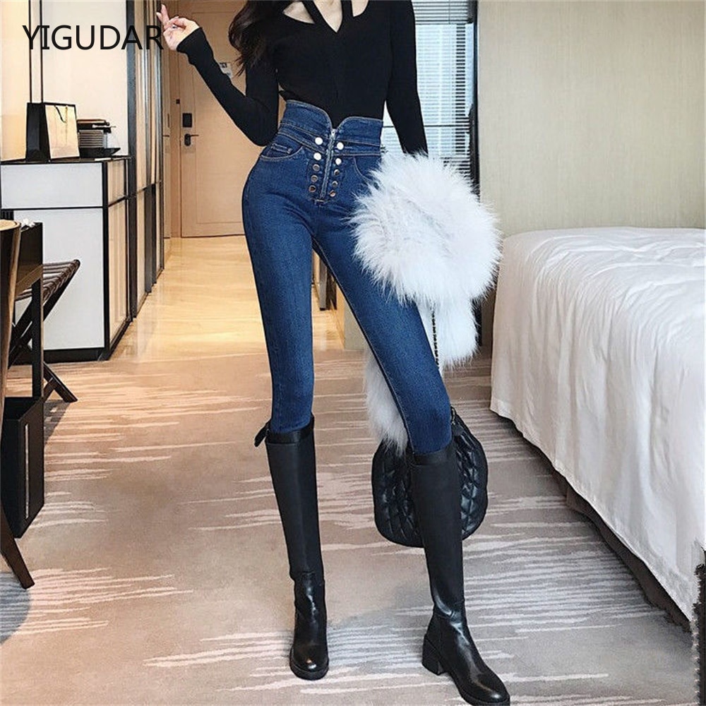 Winter Thick Velvet Women High Waist Skinny Jeans Simple Fleece Warm Slim Fit Stretch Ladies Casual Denim Pencil Pan